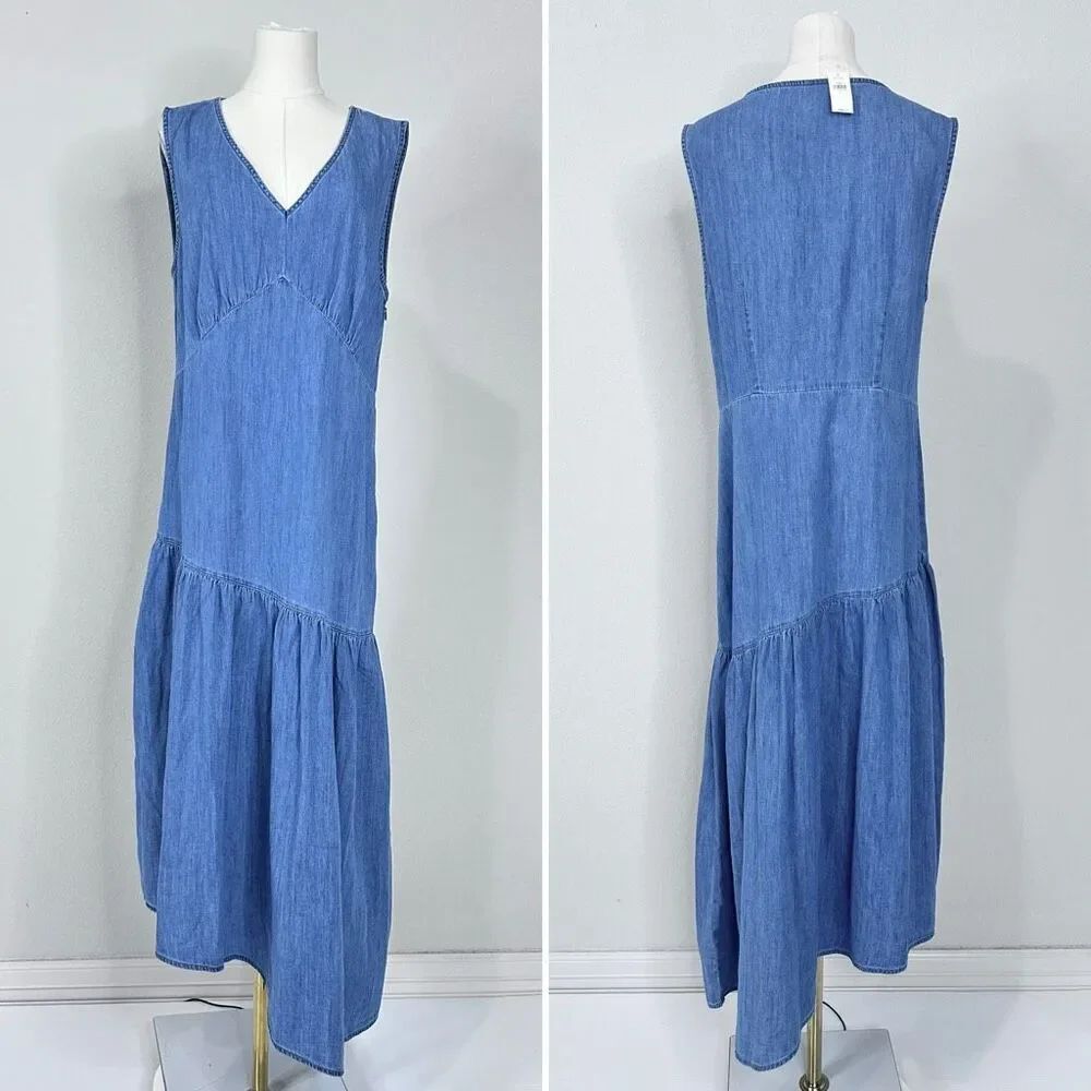 GAP NWT Chambray Denim Asymmetrical Midi Dress V-Neck Blue L Coastal Prairie - Picture 15 of 16